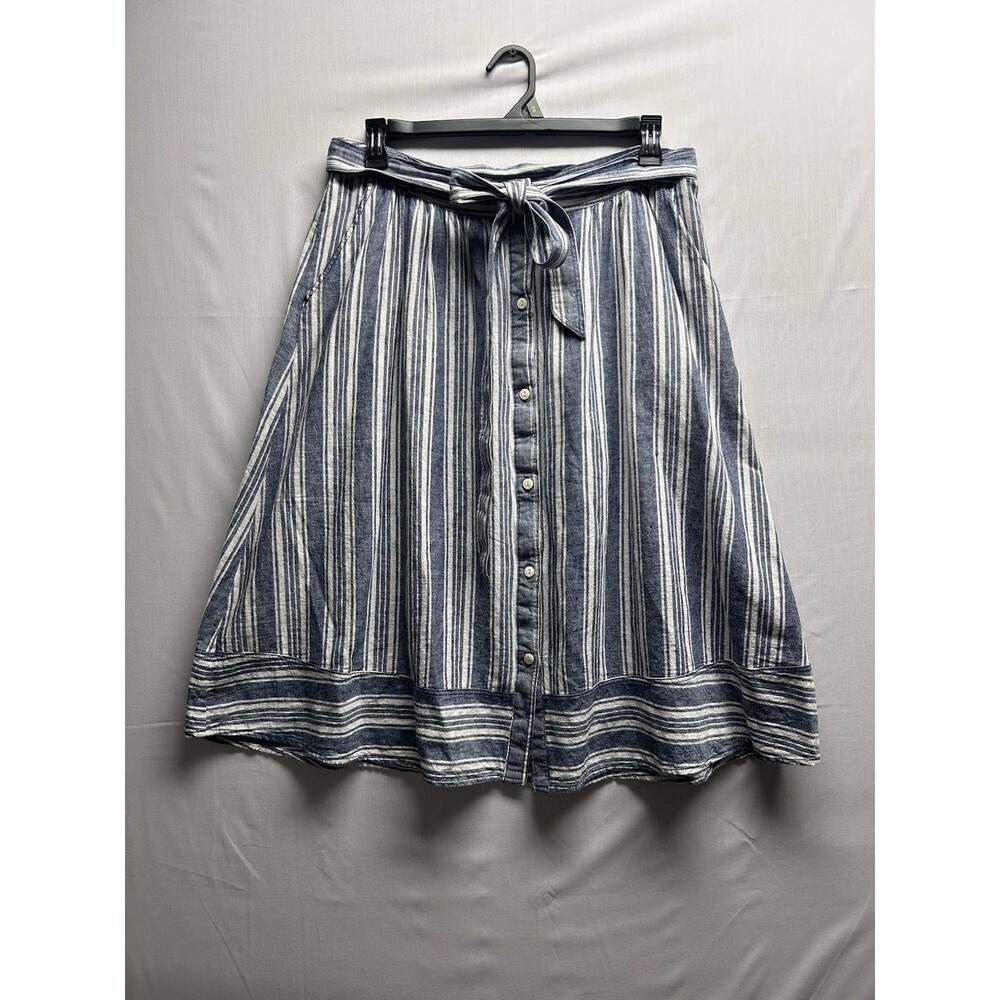 Peyton & Parker Women’s 14 Linen Blend Belted Blue Stripe Midi Skirt Button Down
